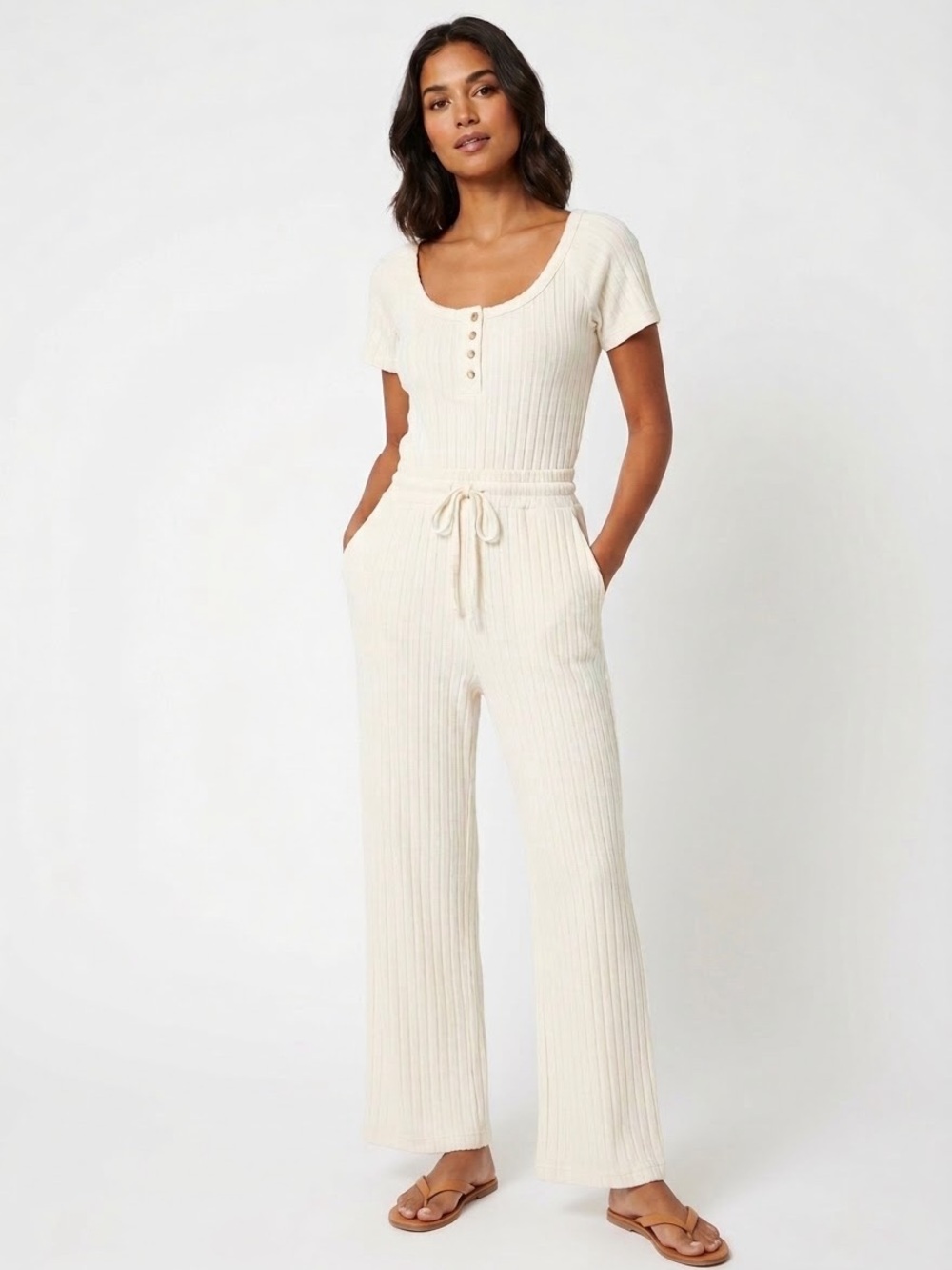 Rip Curl Cream Terry Ribbed Short Sleeve Jumpsuit XS